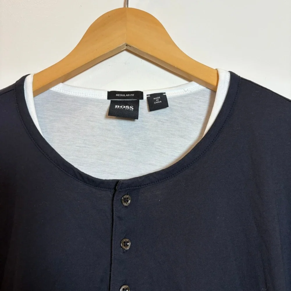 Hugo Boss Mens XXL Navy Blue Long Sleeve Henley Shirt Regular Fit Contrast Layer